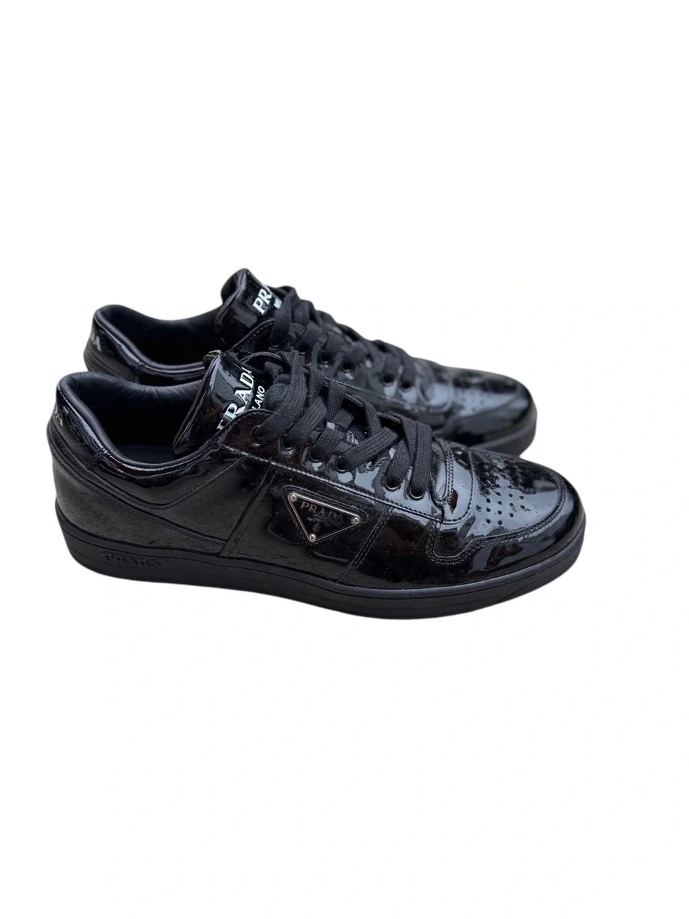 Prada Black Patent Leather Low-Top Sneakers with Logo Plaque